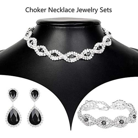 Black Siver Crystal Necklace Set CZ Cubic  Rhinestone Necklace Bracelet Earrings - Picture 2 of 5